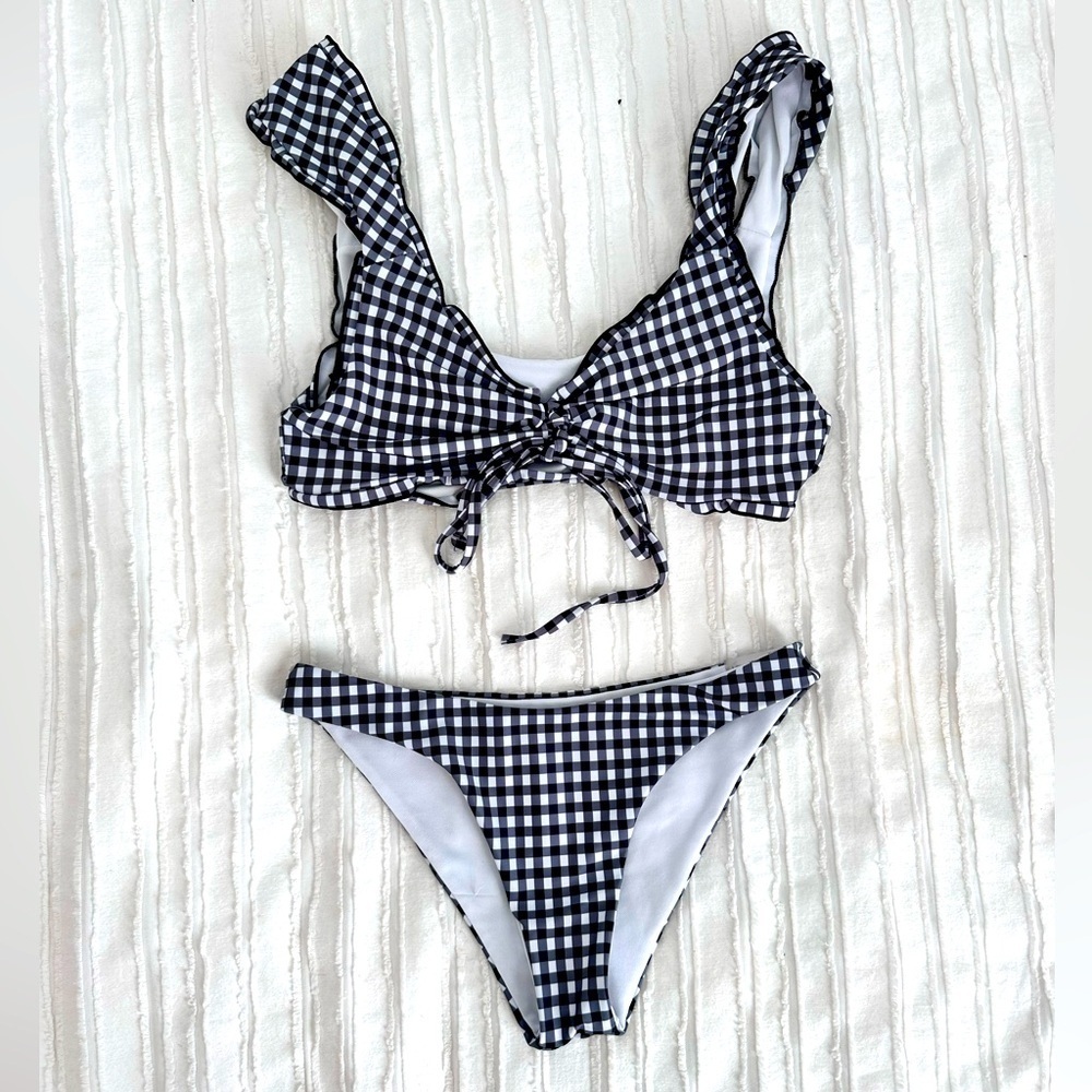 Zaful Black and White Gingham Bikini Size S